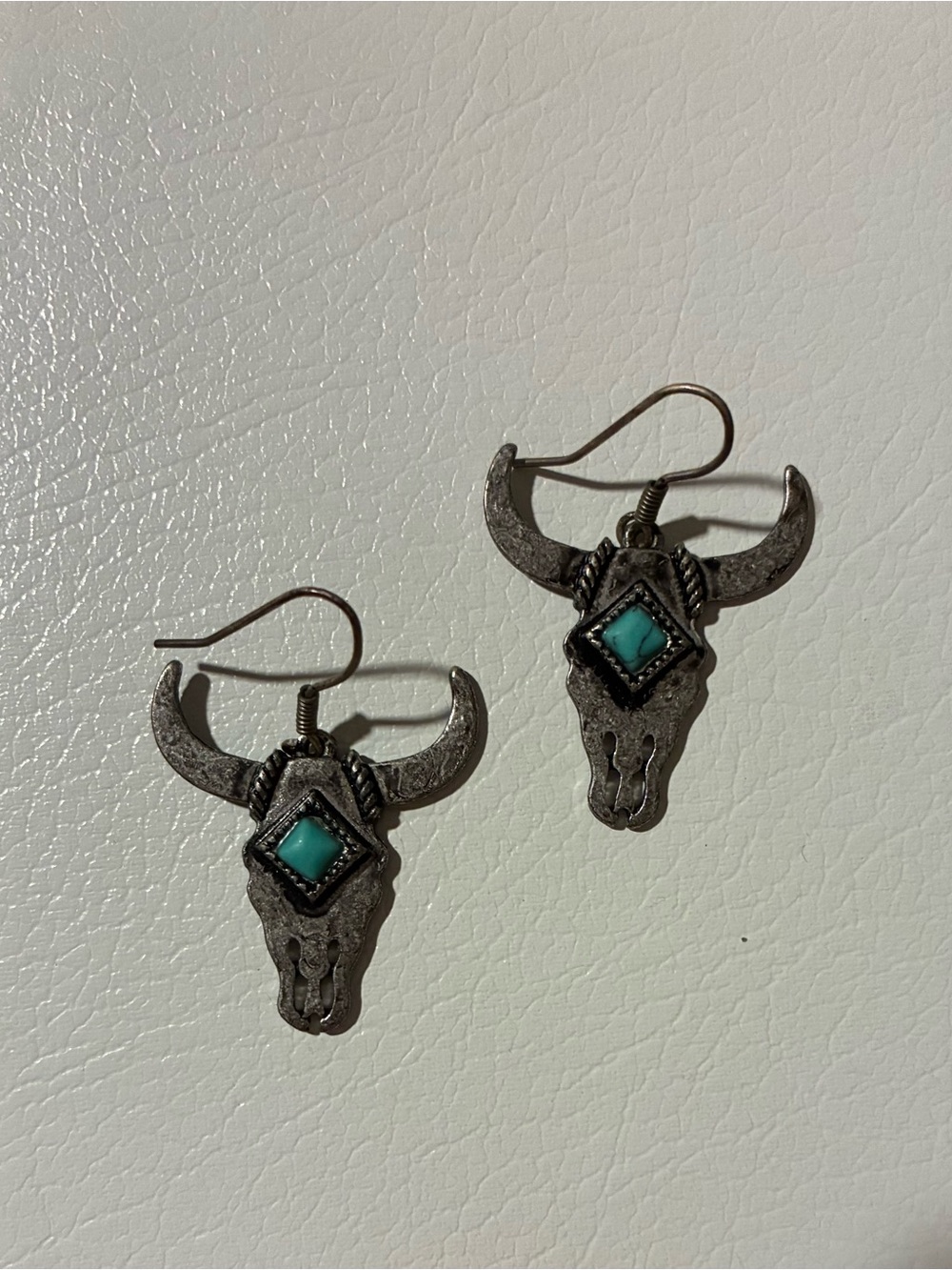 Turquoise Stone Bull Skull Dangle Earrings
